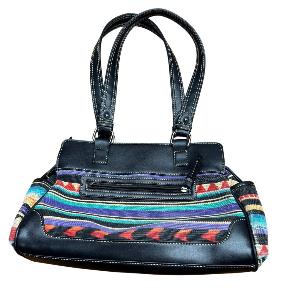 Chaps Black Faux Leather Woven Southwestern Multi Color Stripe‎ Shoulder Bag